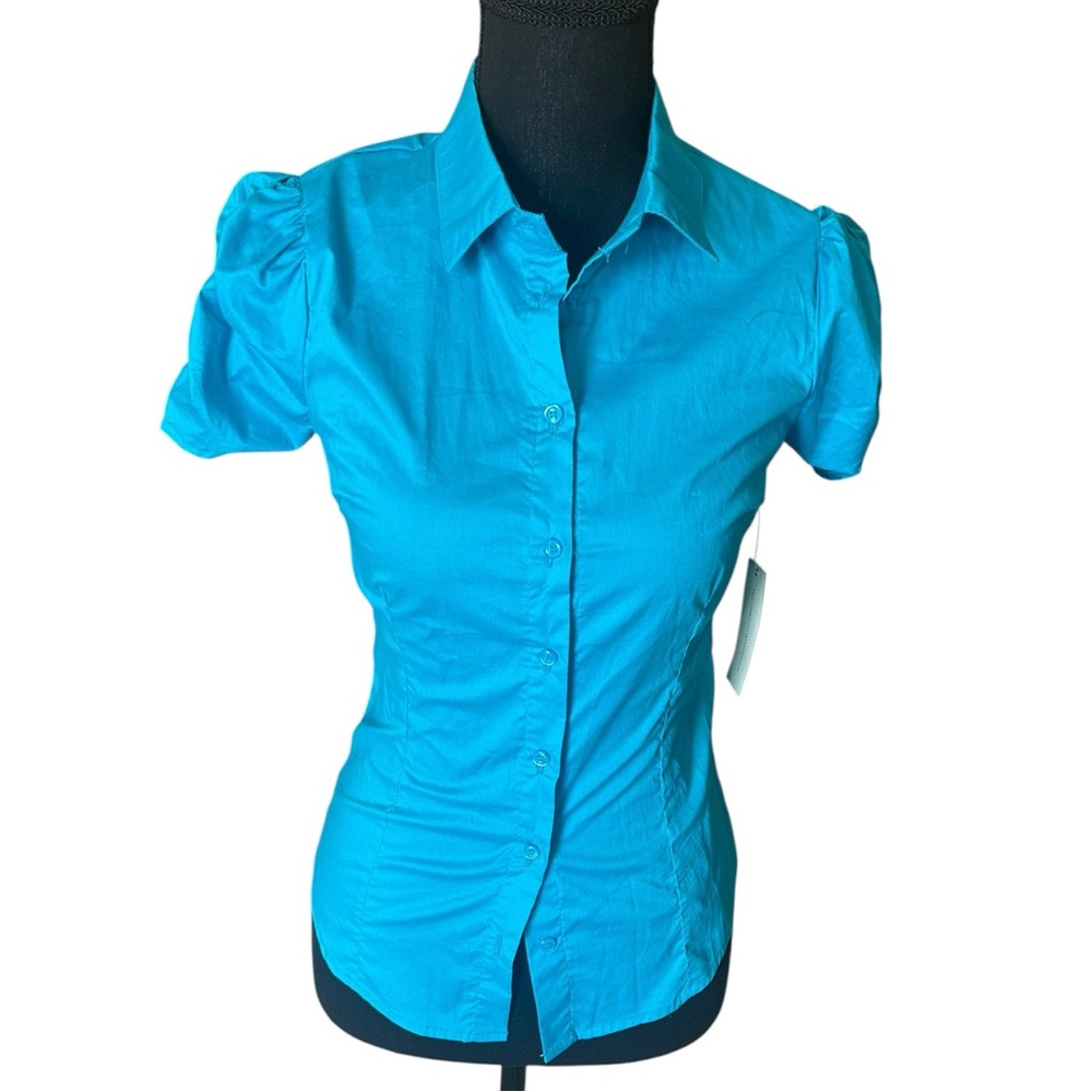 Papaya Blue Button Up Puff Sleeve Blouse Size S NWT